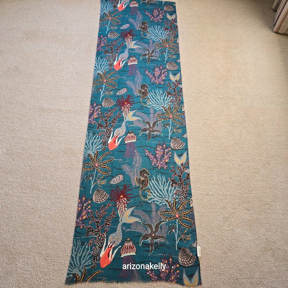 NWT Spartina 447 Linen Blend Scarf w/ Undersea Scene Mermaid Jellyfish, Seahorse - Picture 2 of 12